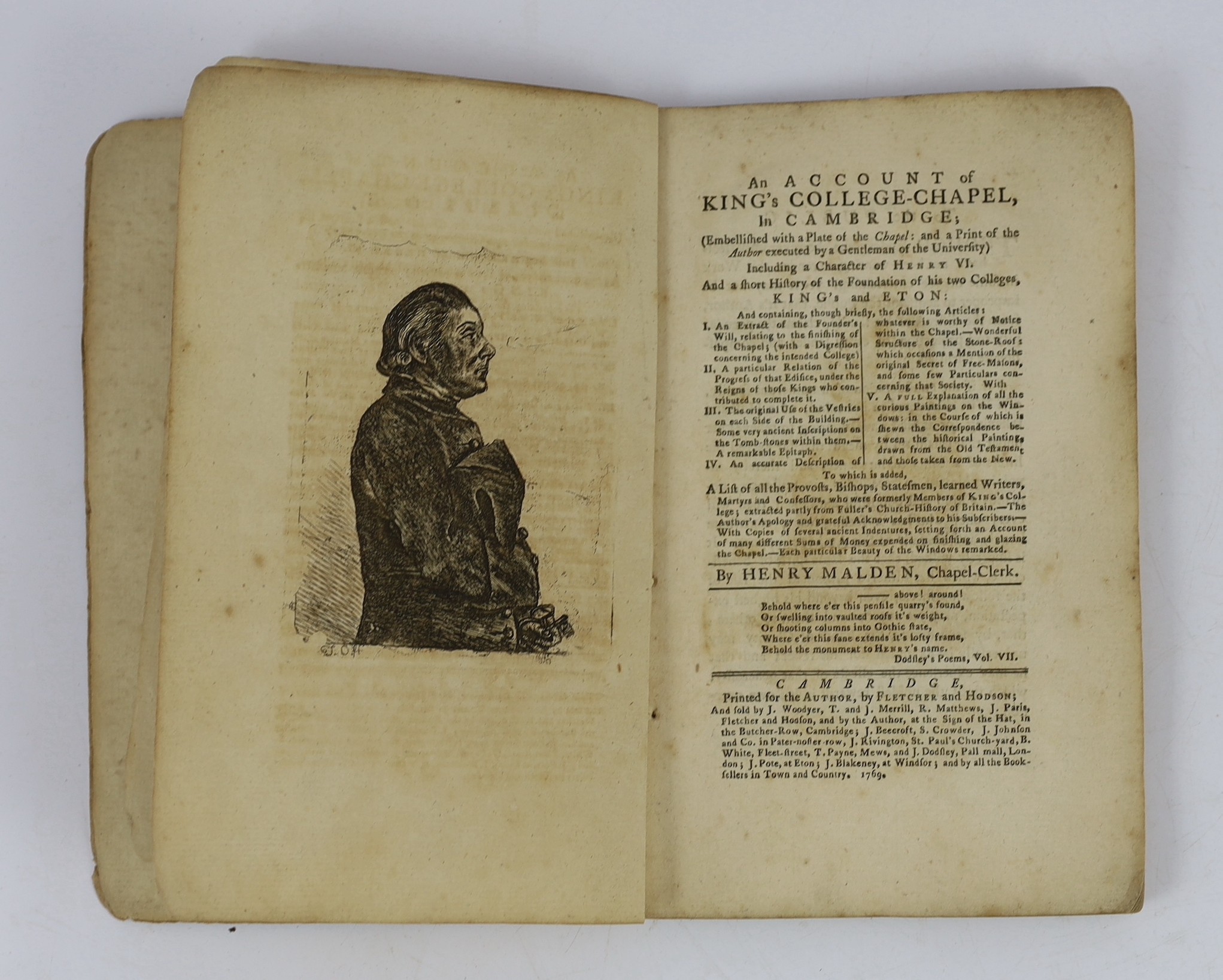 CAMBS: Malden, Henry - An Account of King's College Chapel, in Cambridge ... portrait frontis, & plate; old grey wrappers. Cambridge: printed for the Author ... 1769